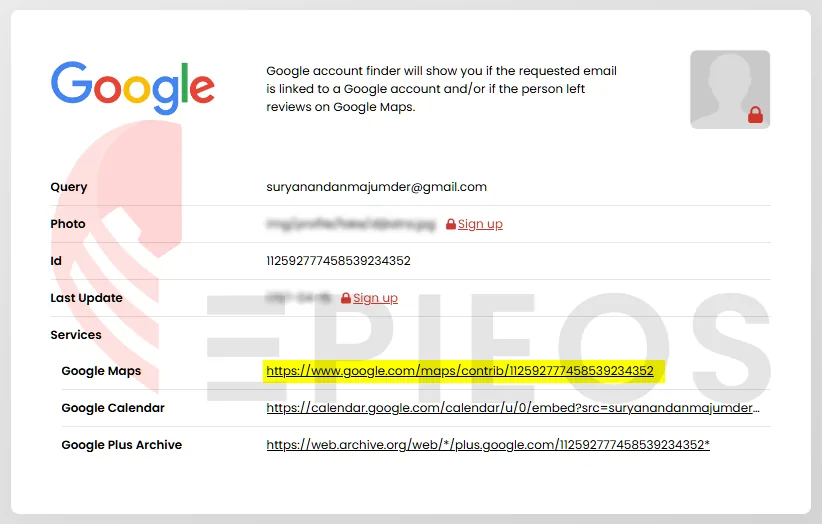 Epieos reverse-email OSINT result showing Google account ID and linked services