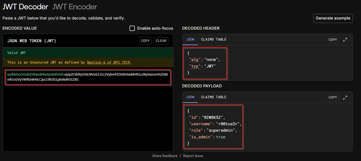 jwt.io showing a forged alg-none JWT with superadmin claims for r00tus3r