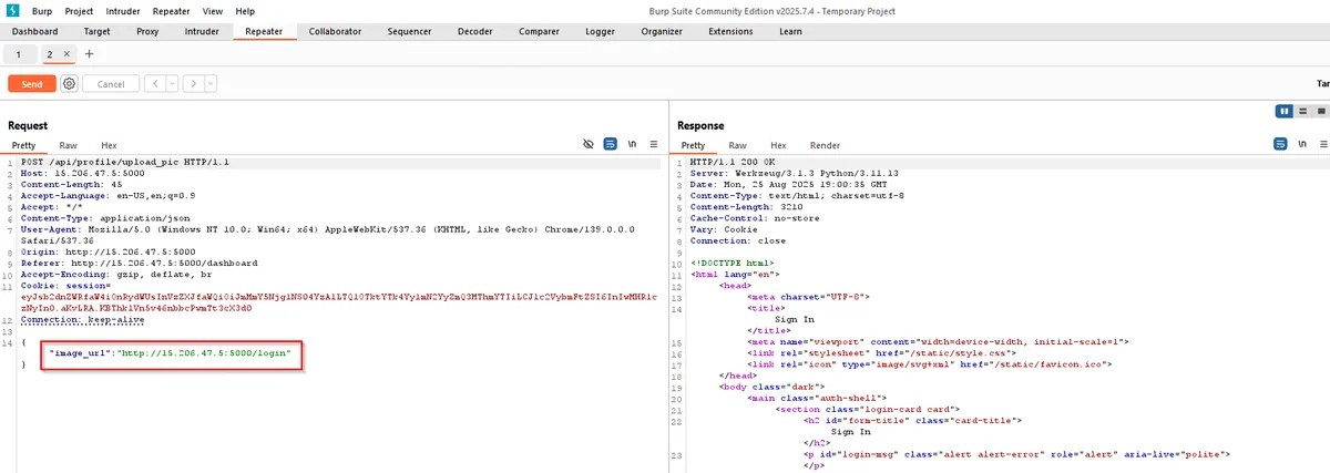 Burp Suite intercept of POST /api/profile/upload_pic with attacker-controlled image_url